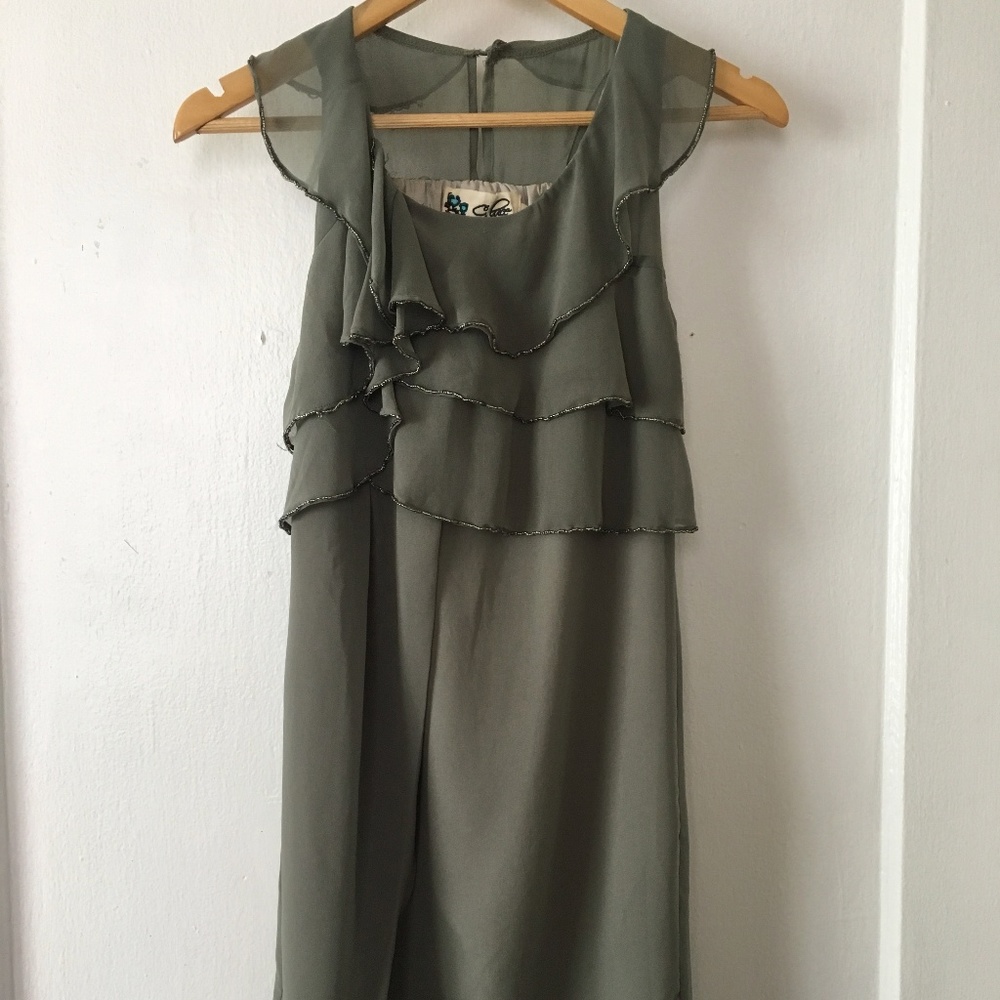Sage Green Flowy Dress with beaded ruffle detail